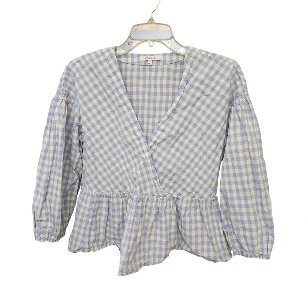 Madewell Blue White Gingham Cotton Wrap Peplum Puff Sleeve Top Sz M Romantic